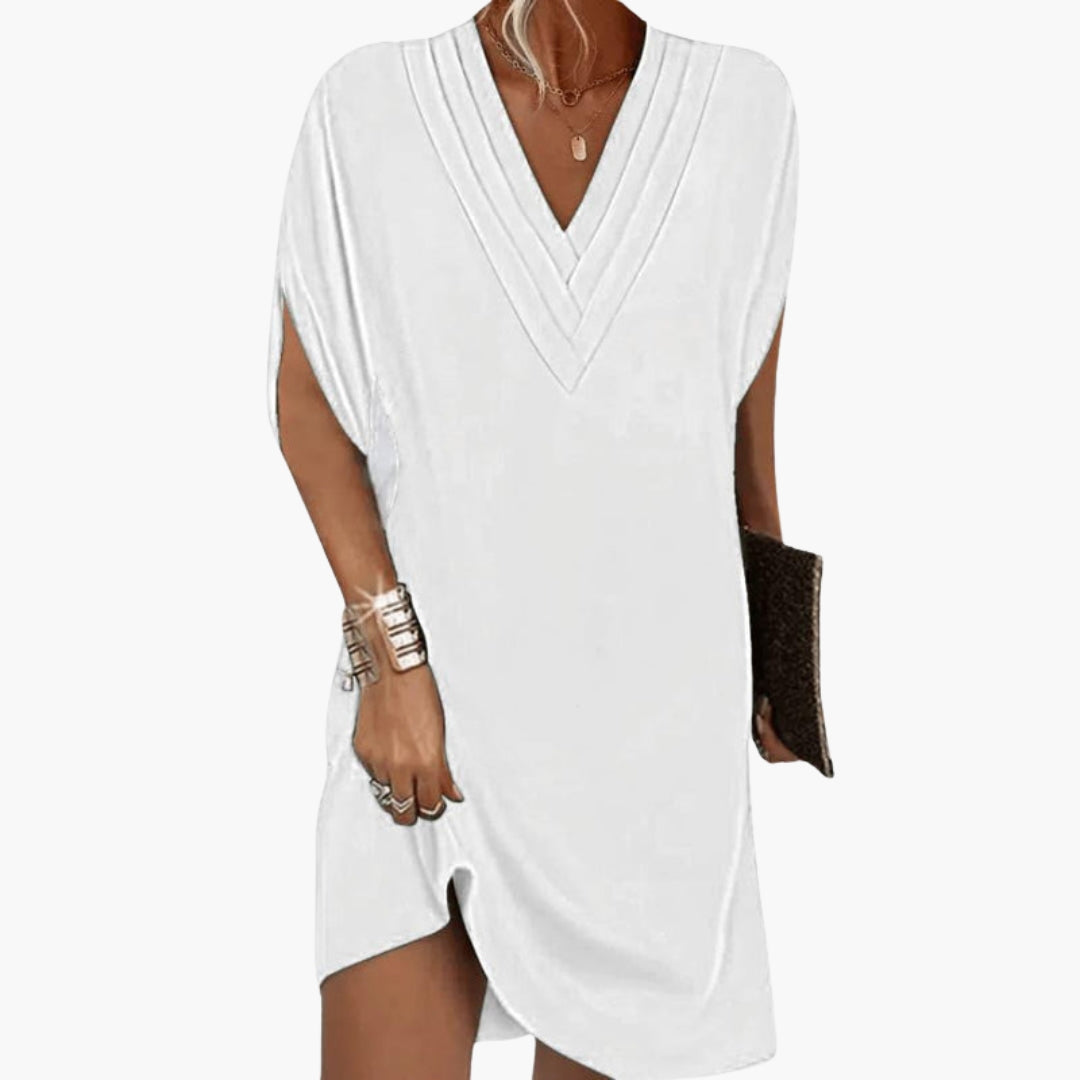 Short women's dress with V-neck and draped hem