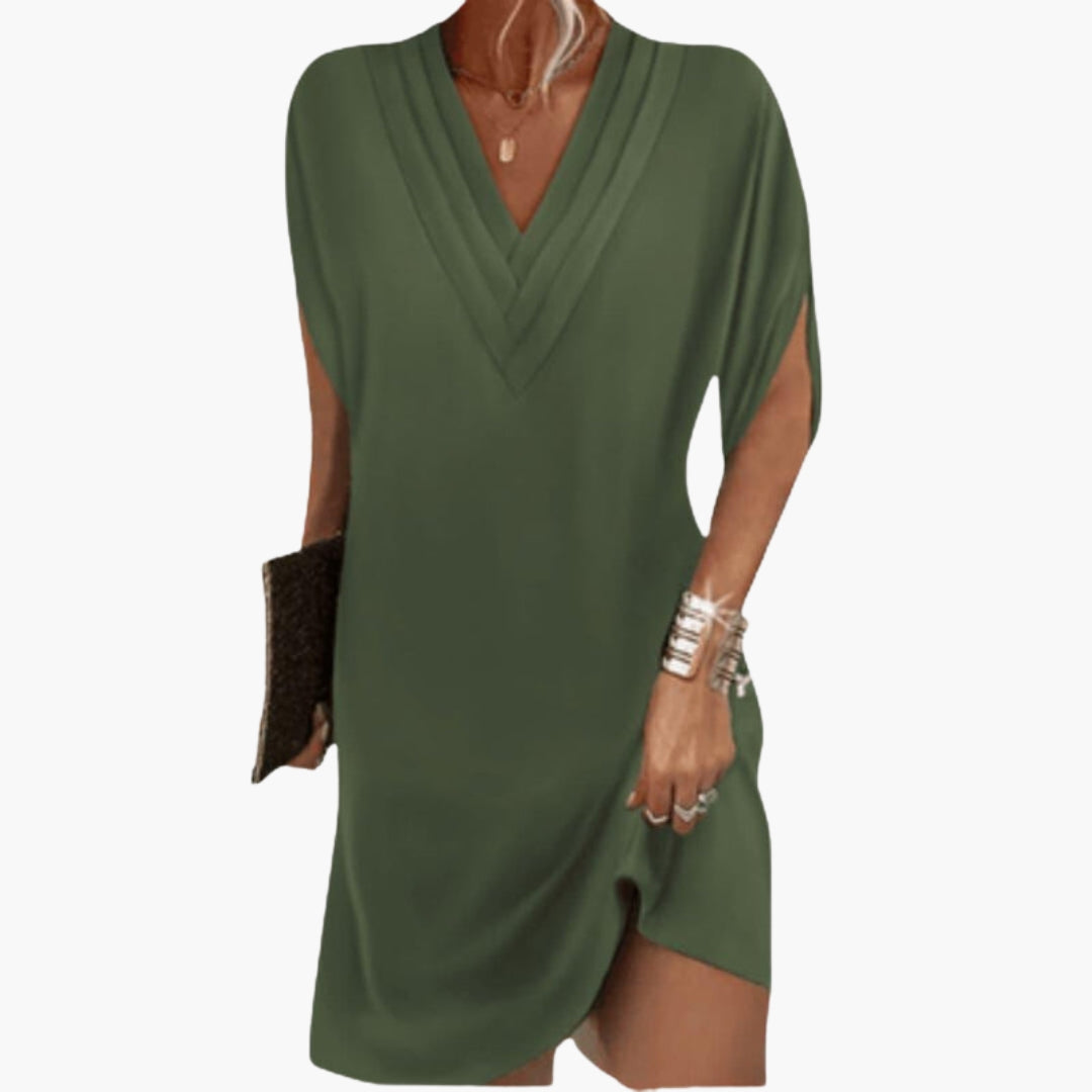 Short women's dress with V-neck and draped hem