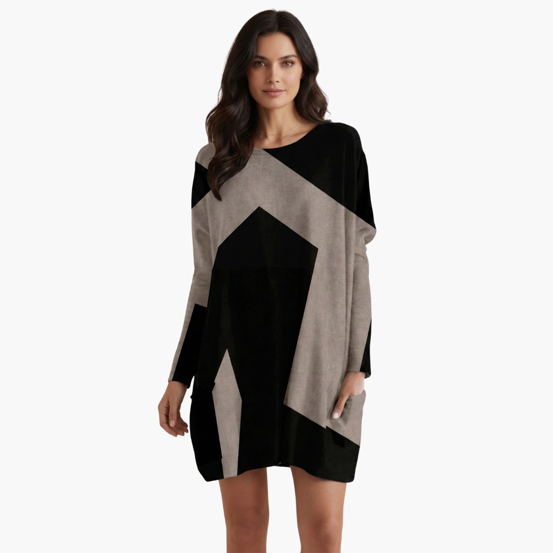 Vestito corto da donna con scollo a V e motivo geometrico