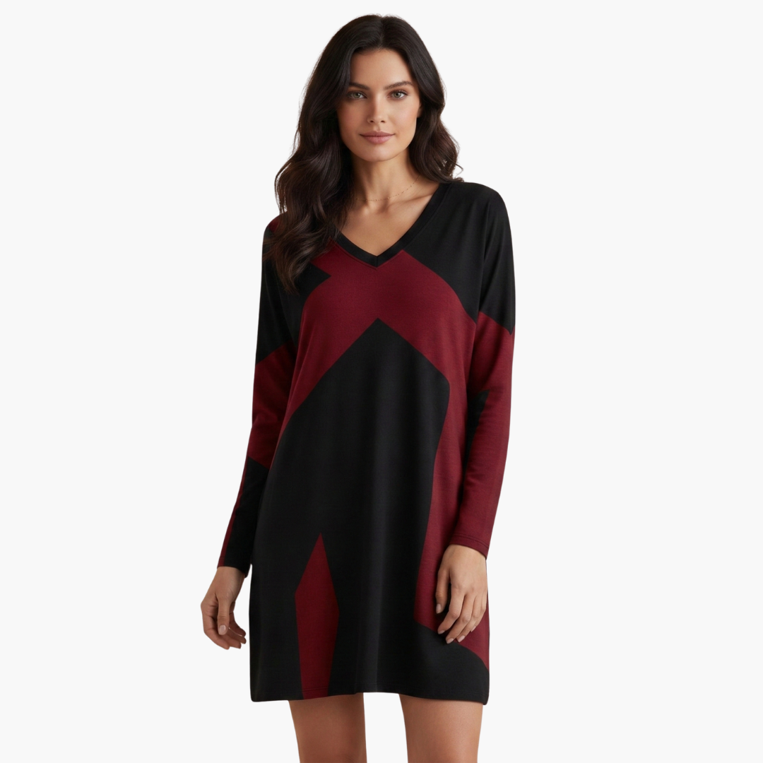 Vestito corto da donna con scollo a V e motivo geometrico