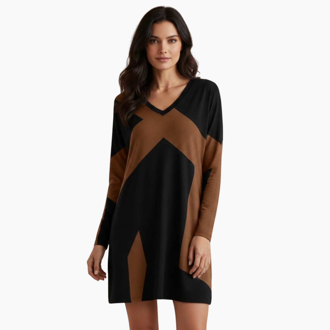 Vestito corto da donna con scollo a V e motivo geometrico