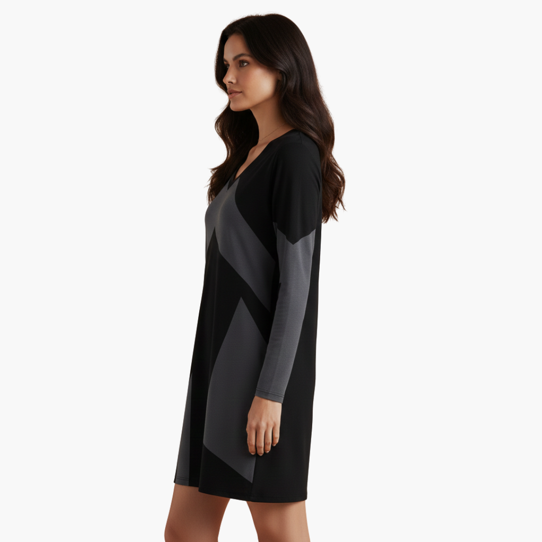 Vestito corto da donna con scollo a V e motivo geometrico