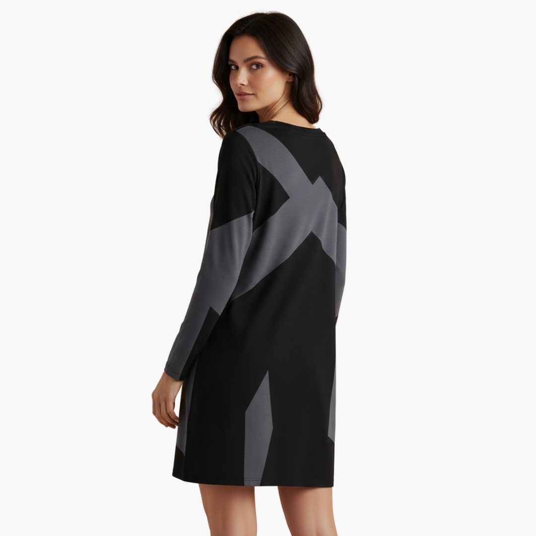 Vestito corto da donna con scollo a V e motivo geometrico