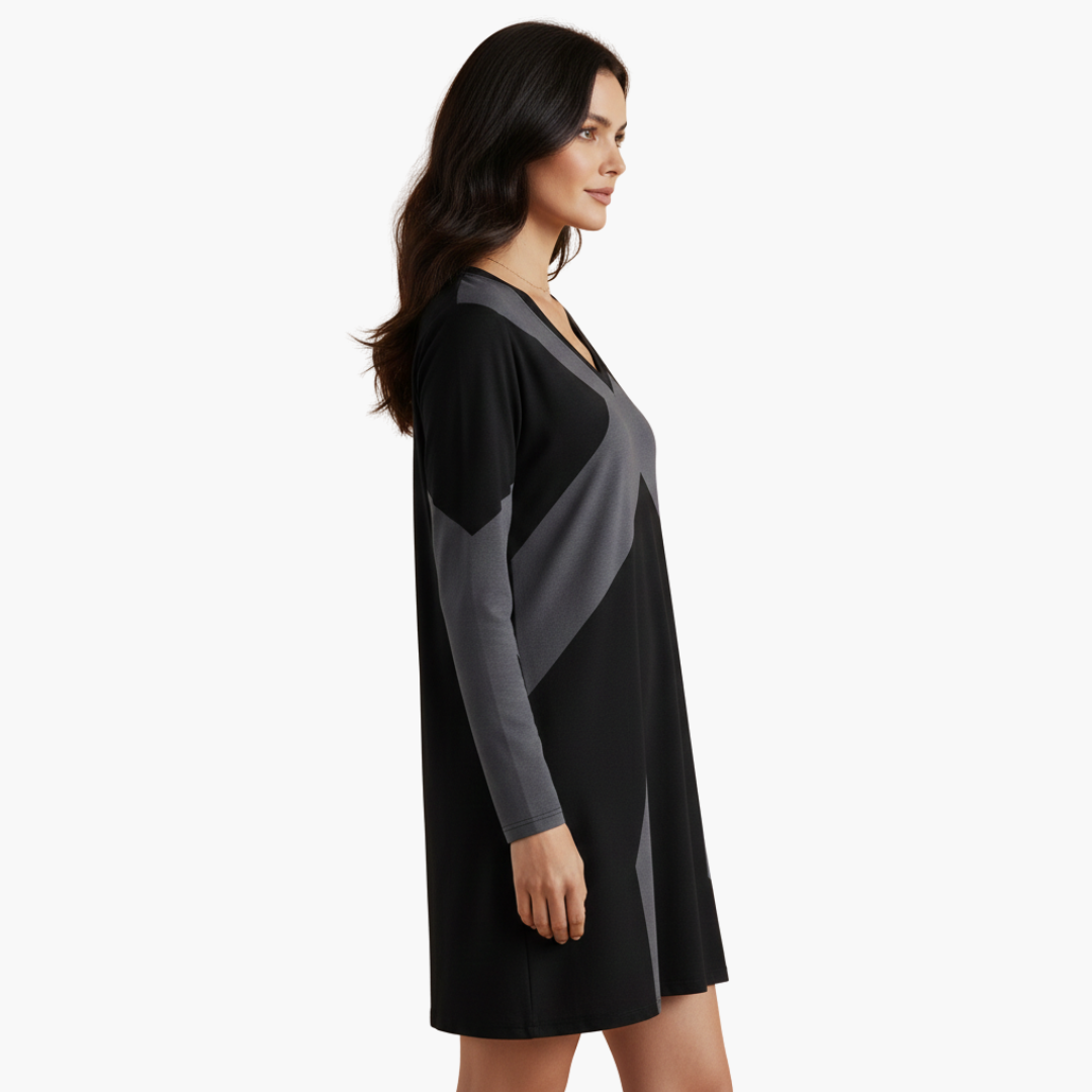 Vestito corto da donna con scollo a V e motivo geometrico