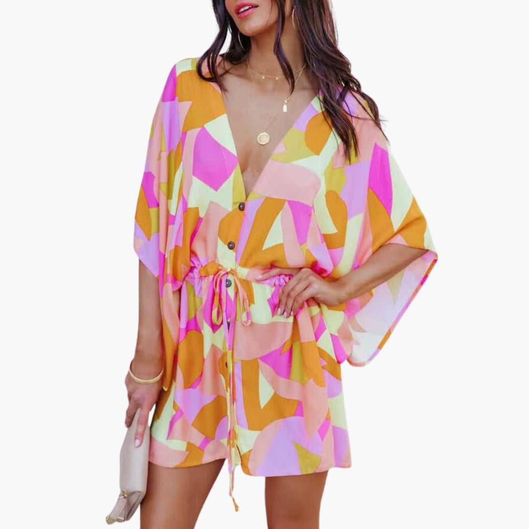 Women's Beach Dress with Waist Tie and Front Buttons