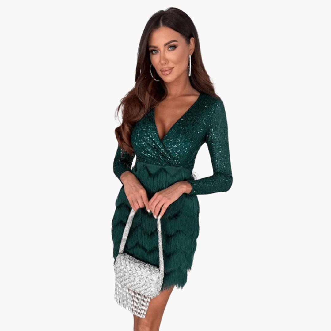 Vestido Curto de Festa Feminino com Saia de Lantejoulas