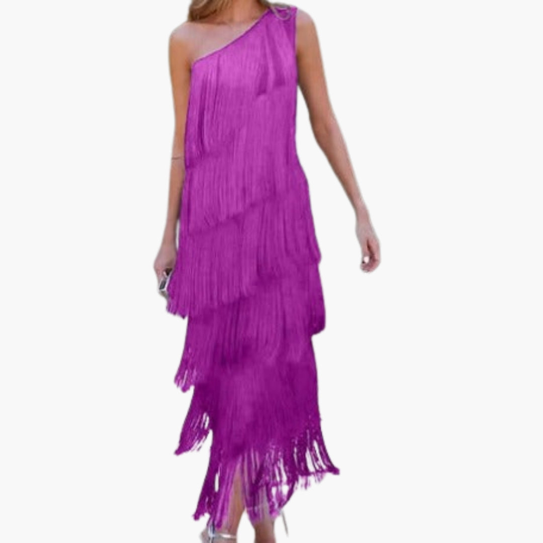 Robe de Soirée Femme à Épaule Dénudée avec Franges