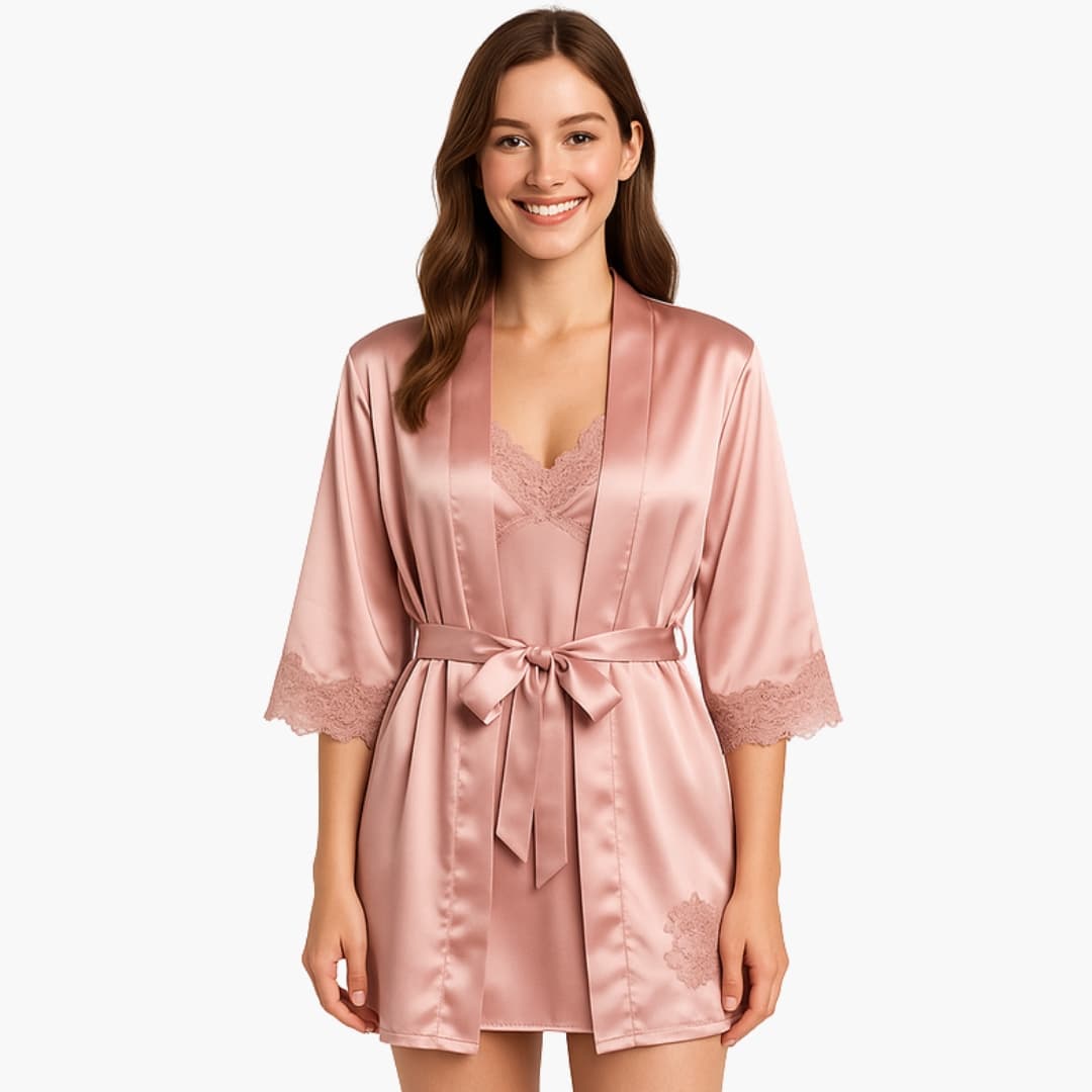 Robe de chambre femme en satin avec dentelle et ceinture à la taille