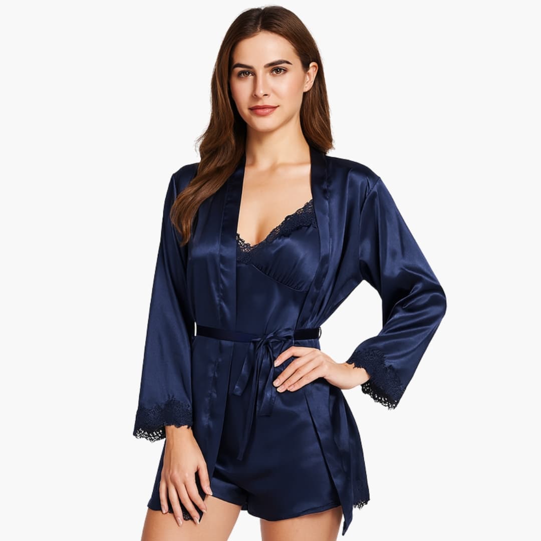 Robe de chambre femme en satin avec dentelle et ceinture à la taille