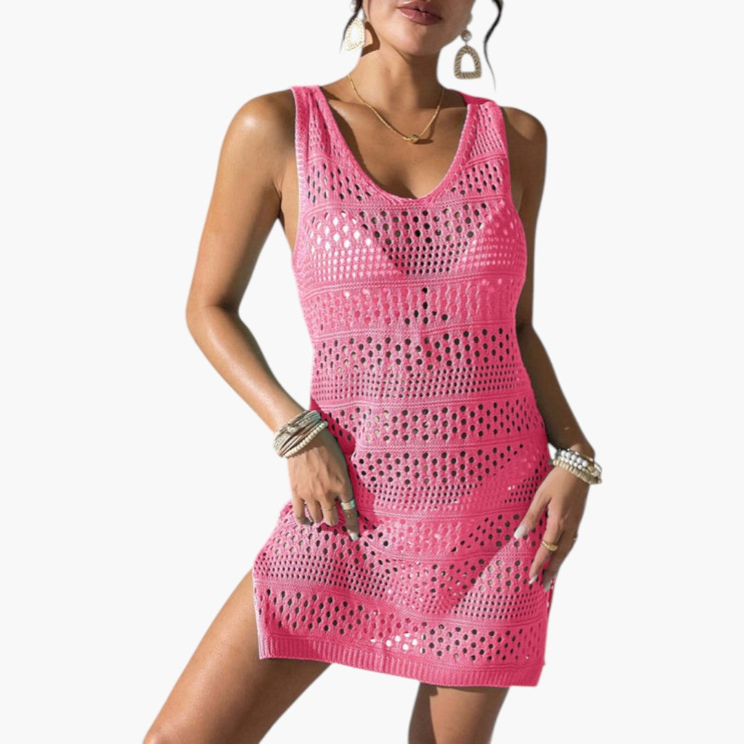 Women's V-neck Beach Dress with Openwork Detail
