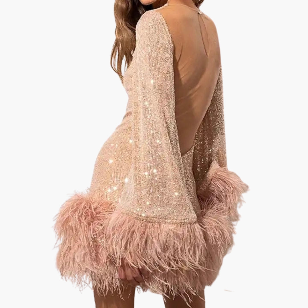 Abendkleid für Damen mit Pailletten und Federbesatz