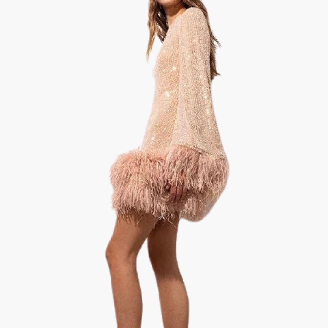 Abendkleid für Damen mit Pailletten und Federbesatz