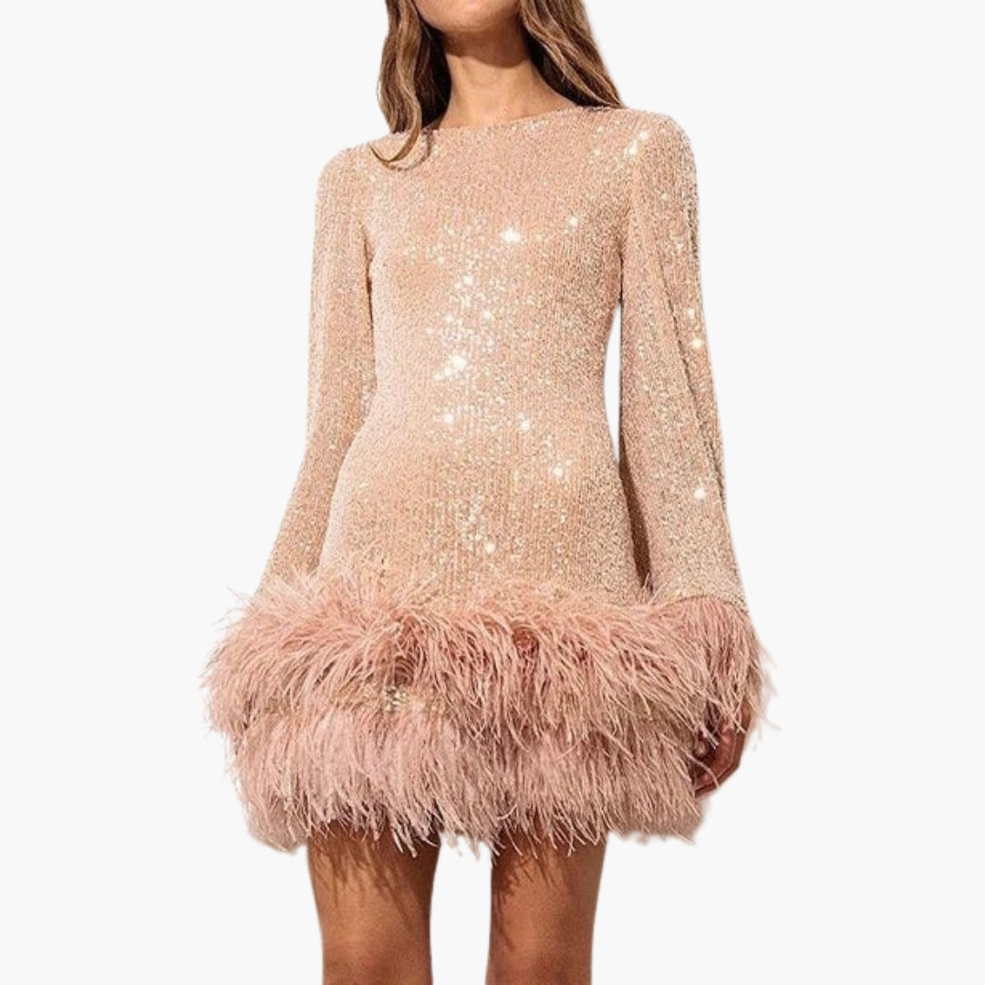 Abendkleid für Damen mit Pailletten und Federbesatz