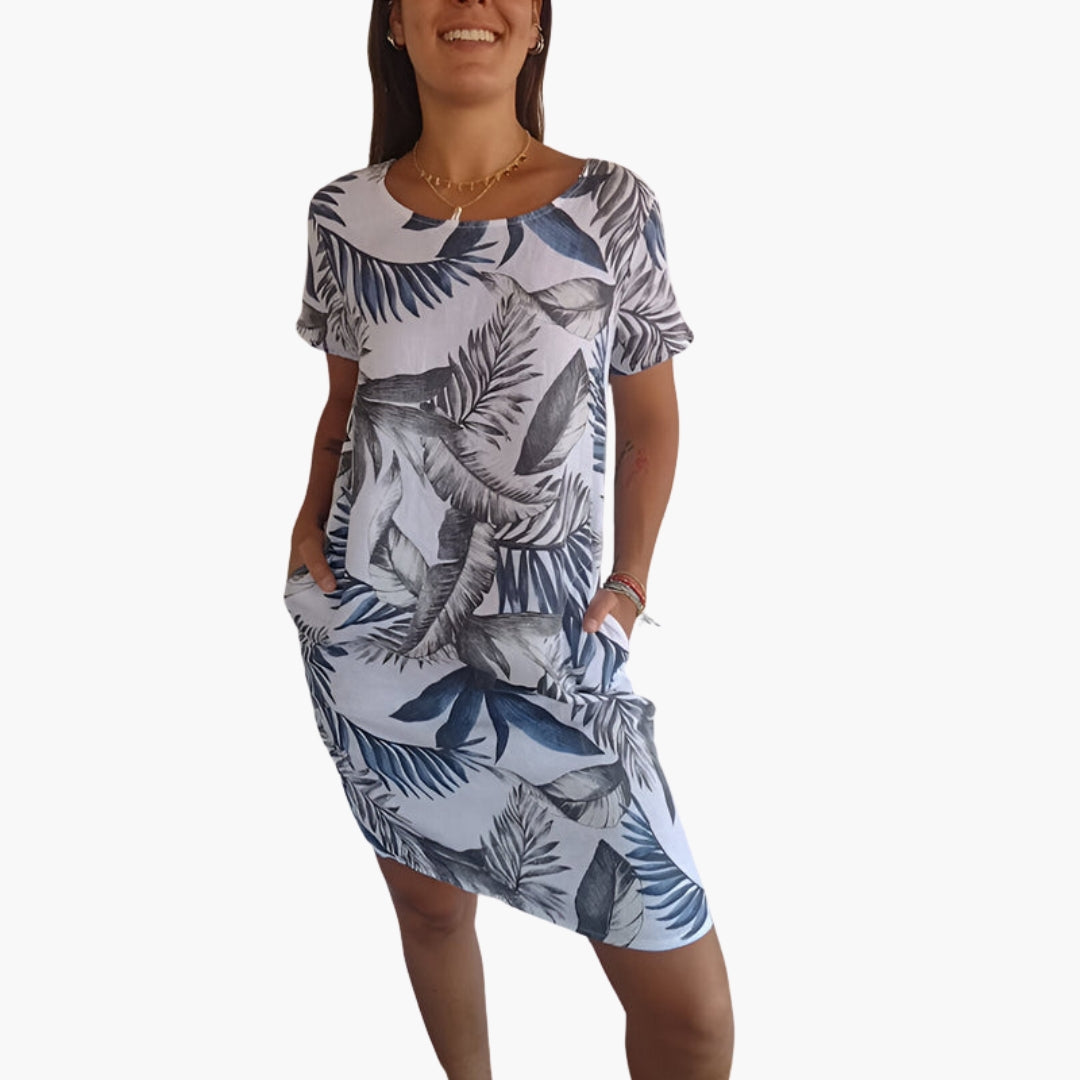 Abito donna con stampa botanica e tasche laterali