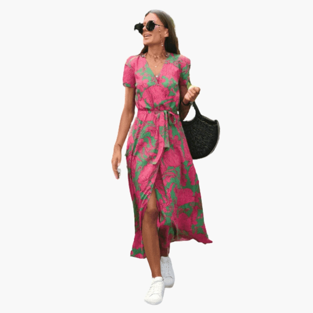 Damenkleid mit kurzen Ärmeln und V-Ausschnitt