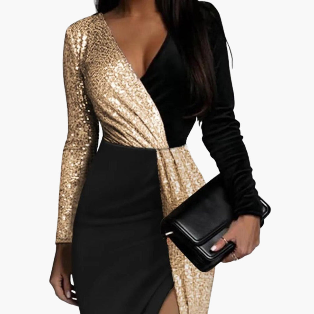 Robe de mulher com mangas compridas e superfície cintilante