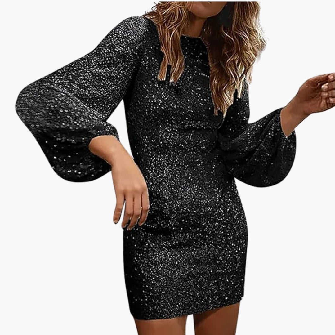 Abito donna con paillettes e maniche lunghe a sbuffo