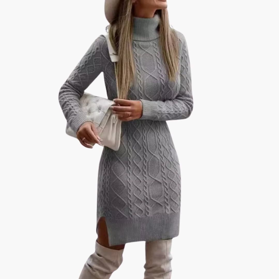 Women's dress with turtleneck and cable knit pattern