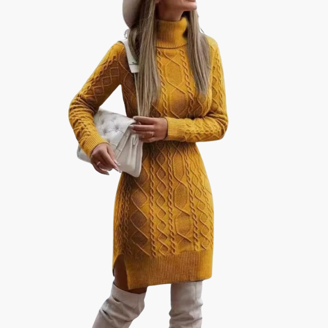 Women's dress with turtleneck and cable knit pattern
