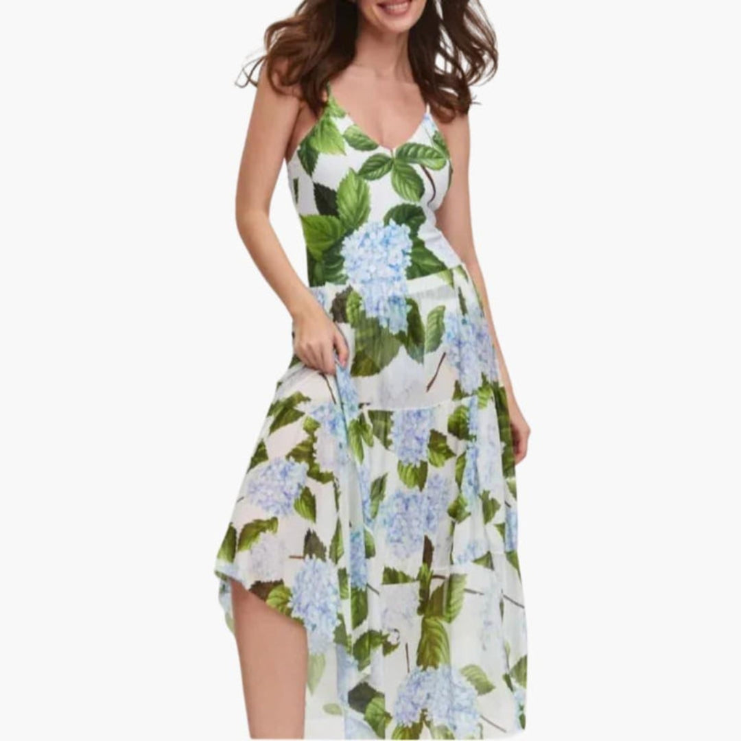 Robe de mulher com gola halter e saia com folhos