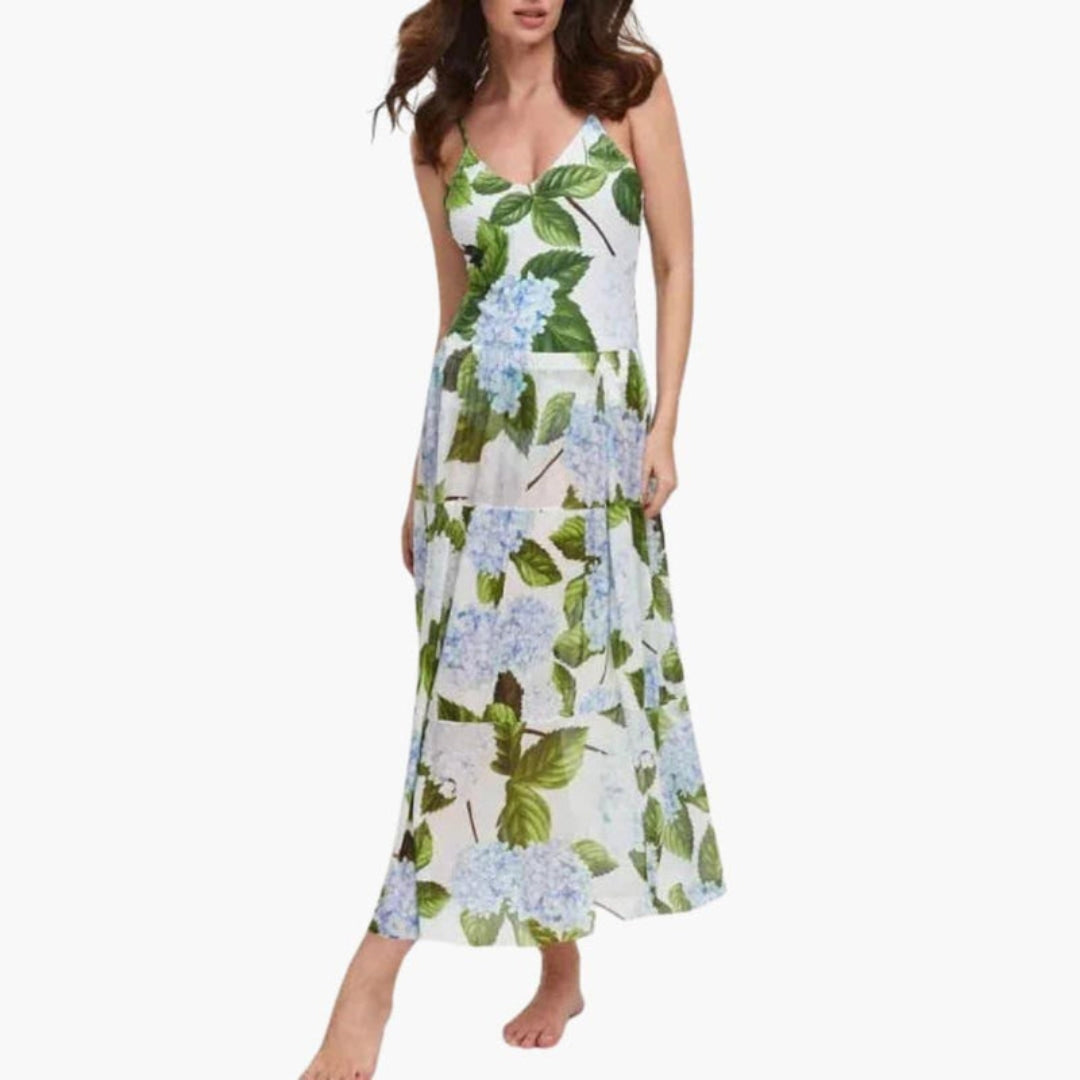 Robe de mulher com gola halter e saia com folhos