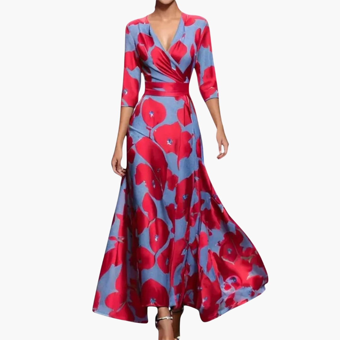 Robe longue femme à fleurs avec col en V