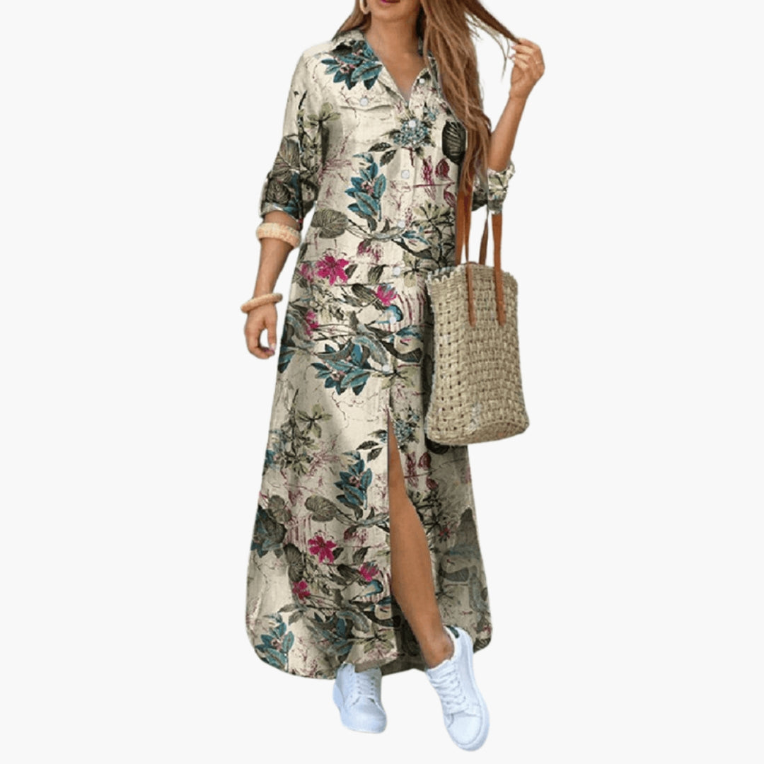 Abito lungo donna a fiori con patta di bottoni