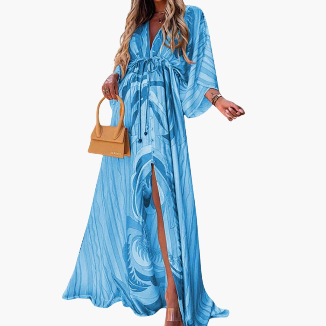 Long dress for women with V-neck and drawstring waist