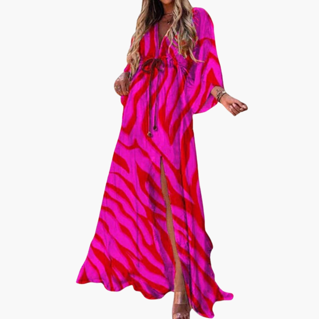 Long dress for women with V-neck and drawstring waist