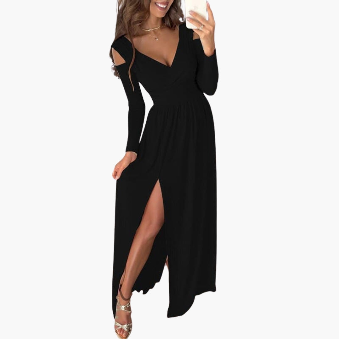 Robe longue femme col cache cœur avec manches longues