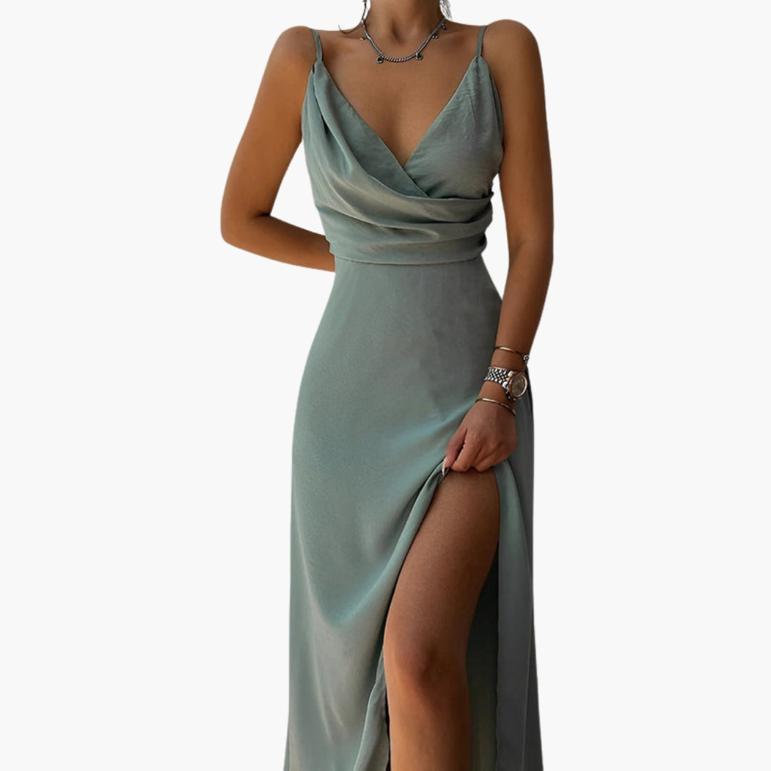 Abito lungo senza maniche da donna con scollo drappeggiato