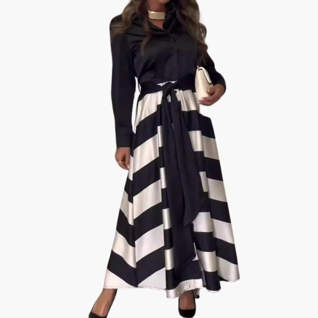 Abito lungo da donna con colletto a camicia e cintura da annodare