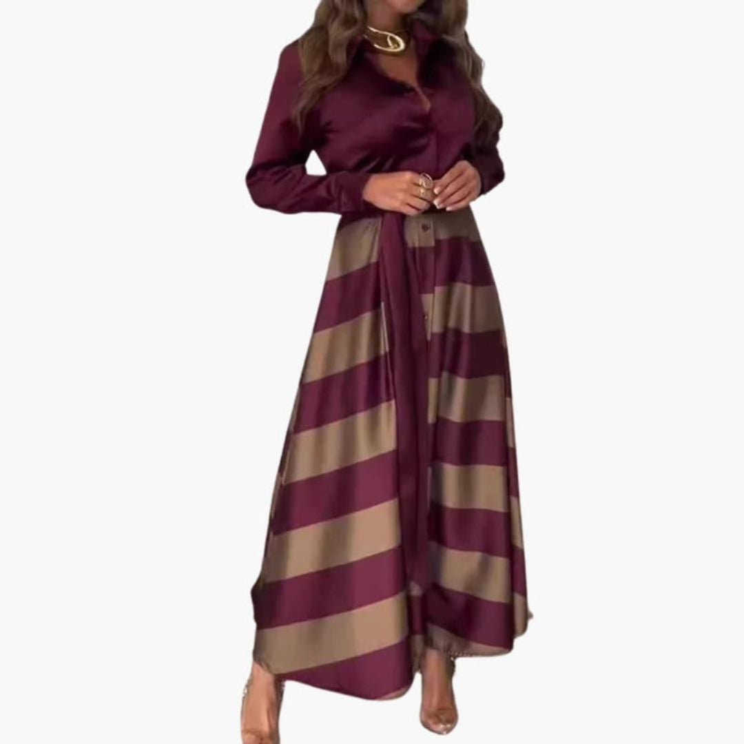 Abito lungo da donna con colletto a camicia e cintura da annodare