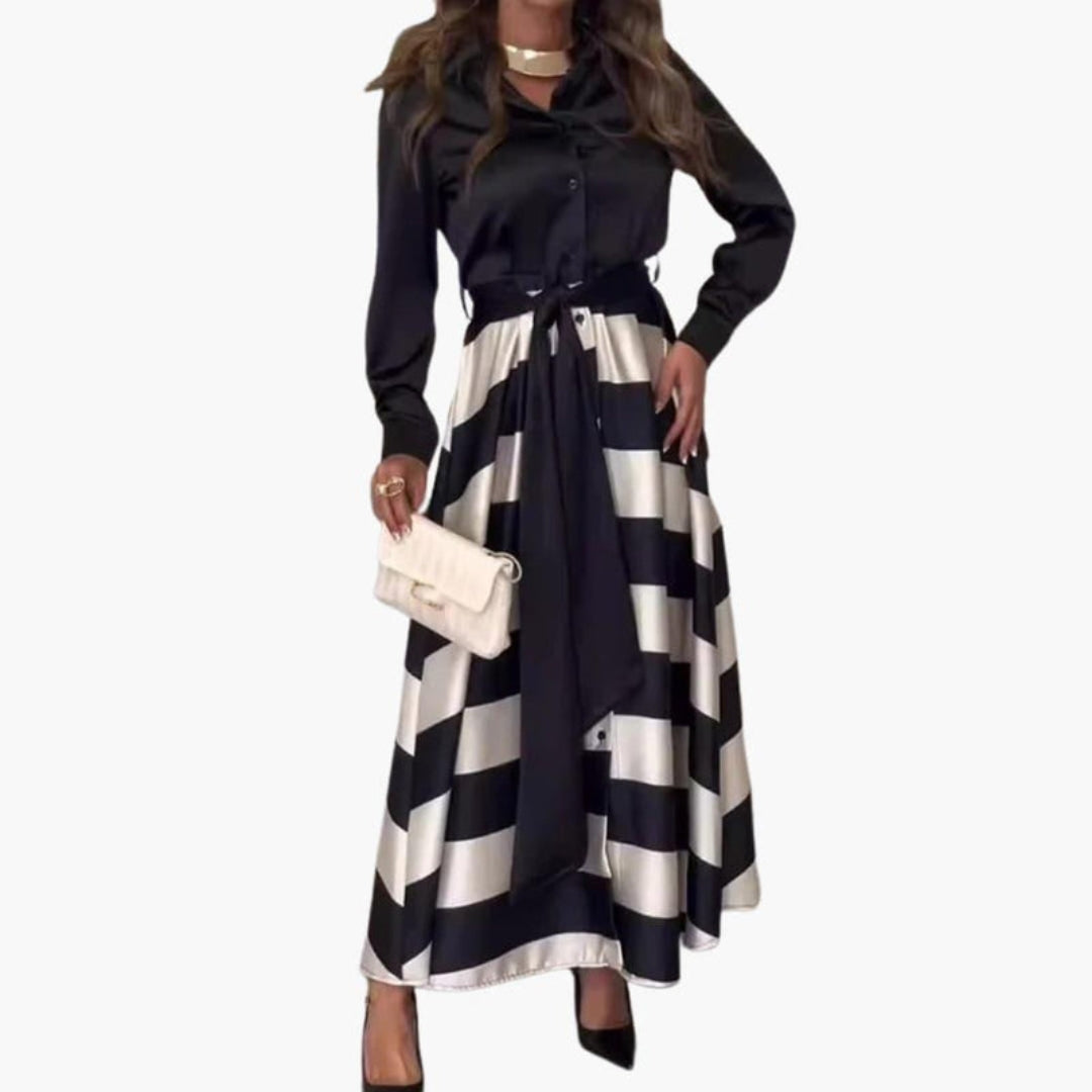 Abito lungo da donna con colletto a camicia e cintura da annodare