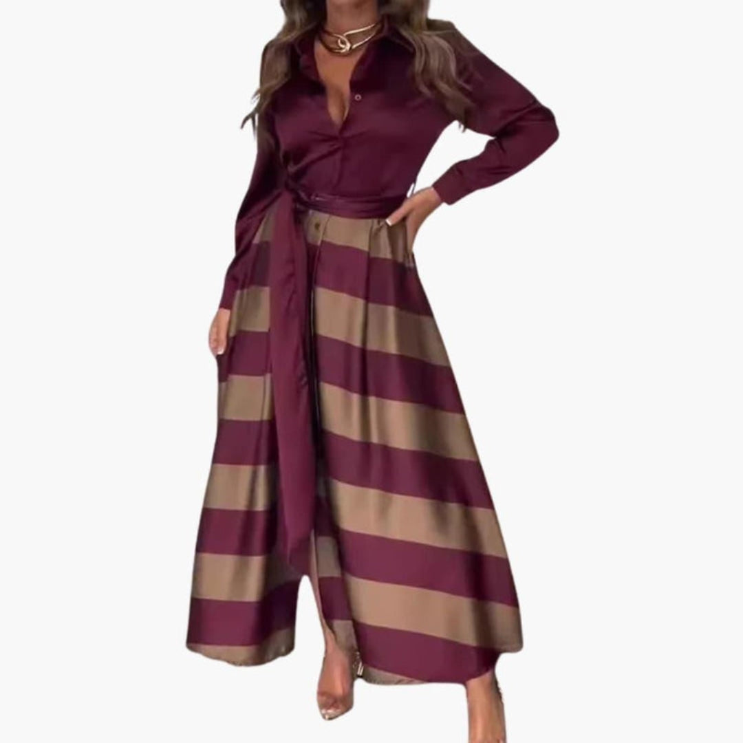 Abito lungo da donna con colletto a camicia e cintura da annodare