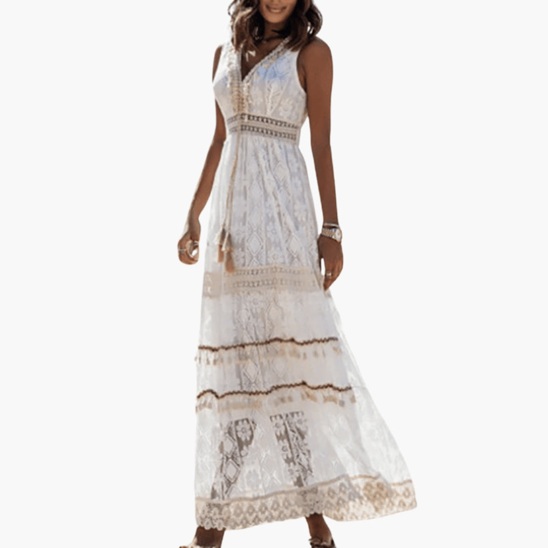 Abito lungo donna con scollo a V e superficie decorata