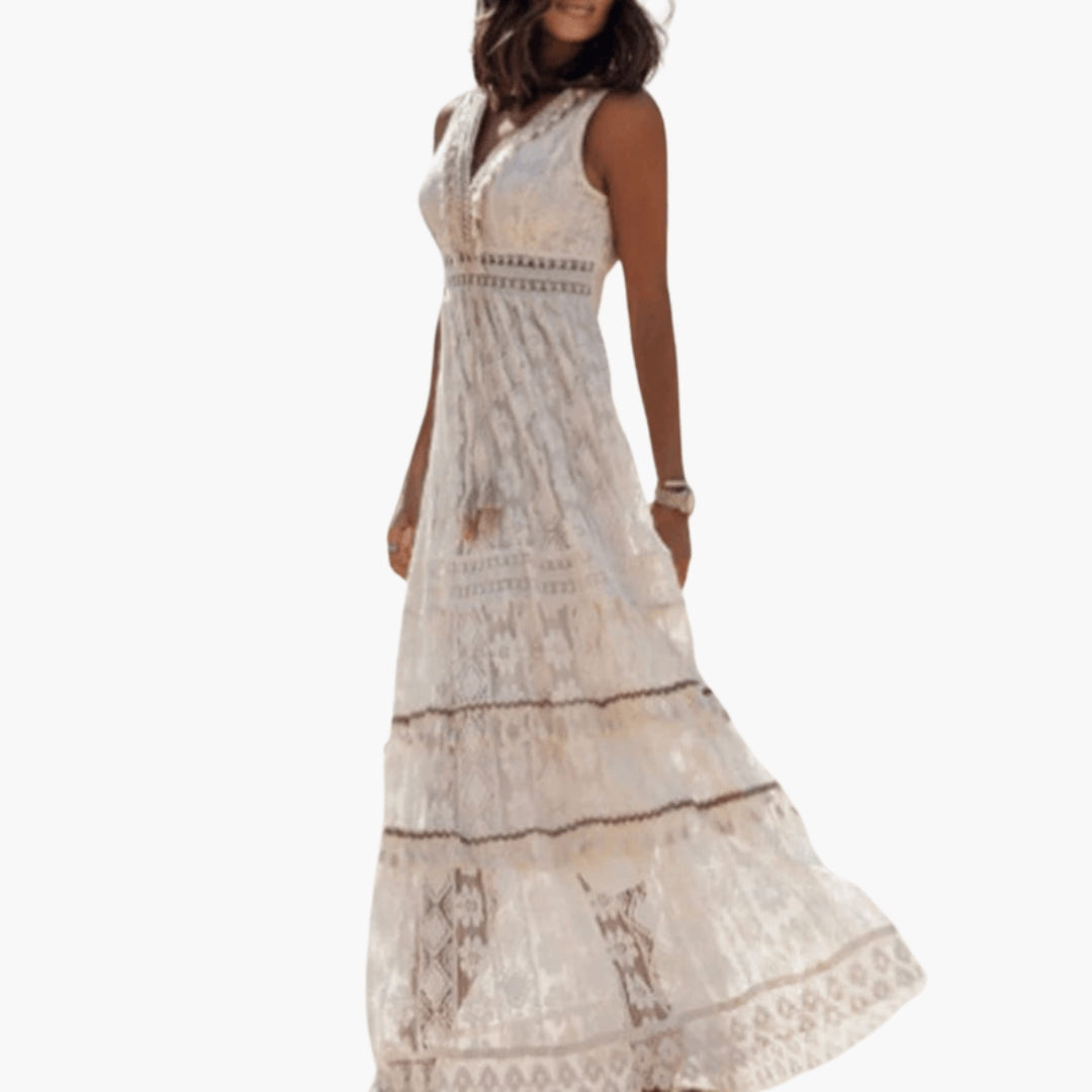 Abito lungo donna con scollo a V e superficie decorata