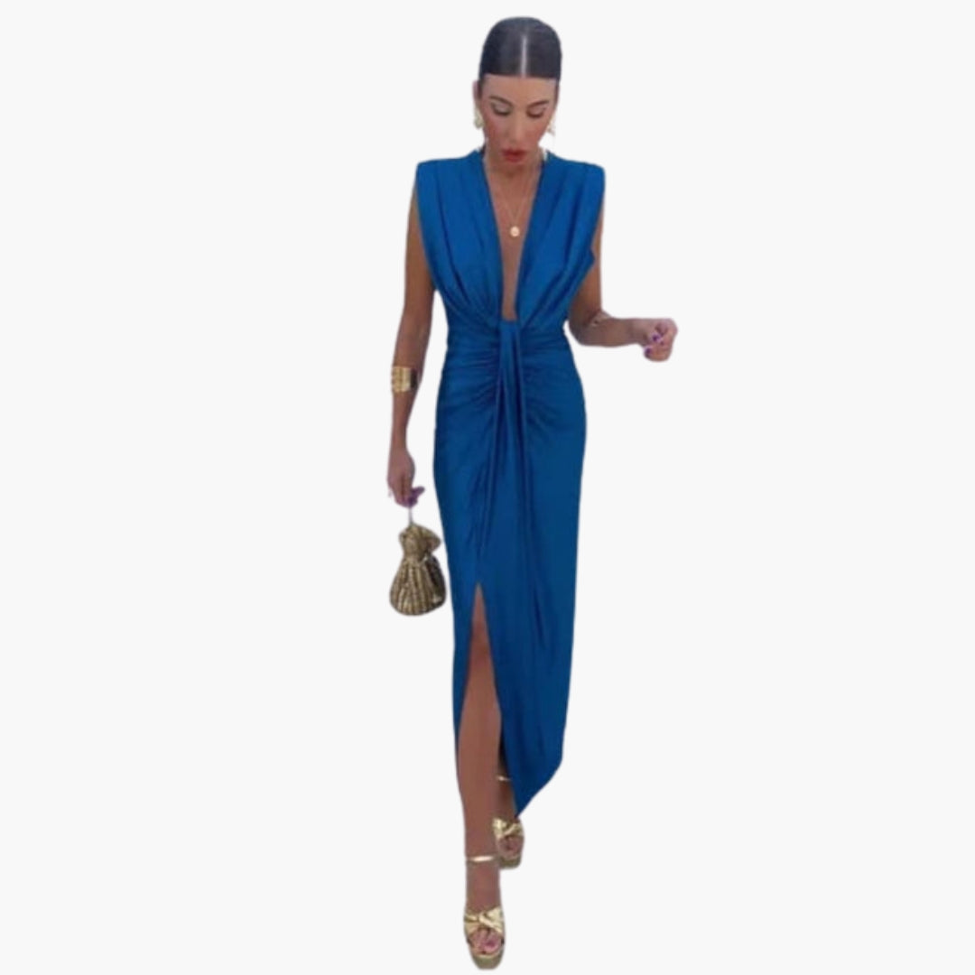 Maxi dress for women with V-neck and gathered waist