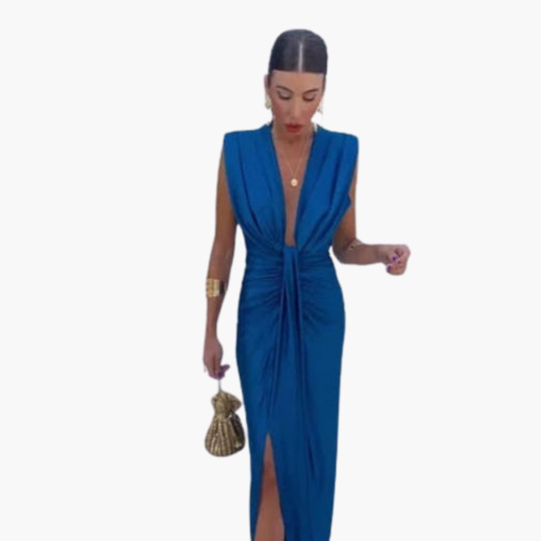 Maxi dress for women with V-neck and gathered waist