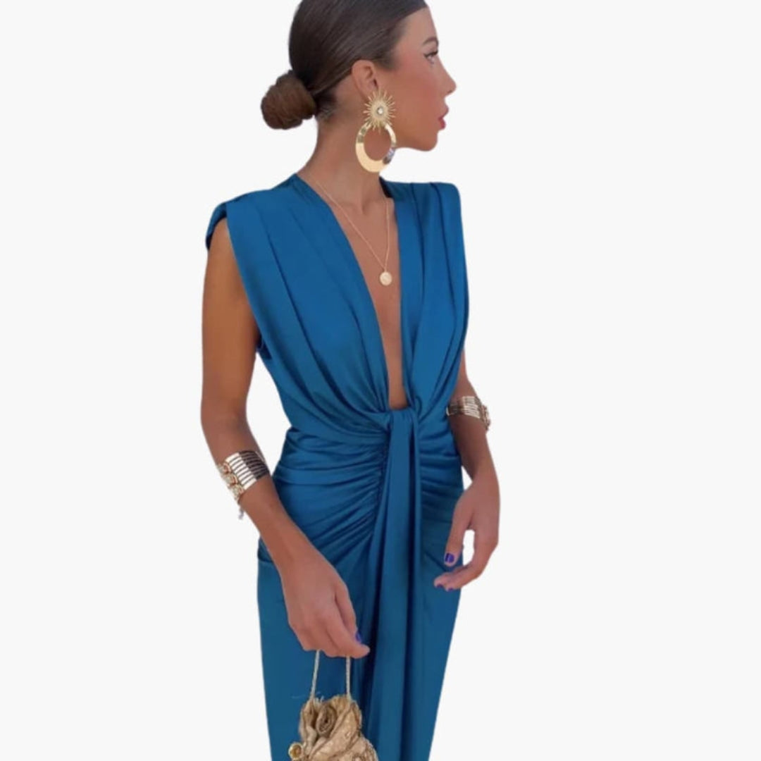 Maxi dress for women with V-neck and gathered waist