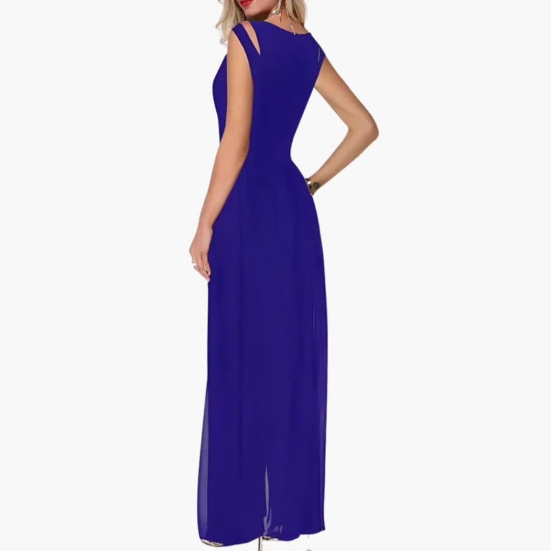 Abito lungo donna con scollo rotondo e spacco frontale