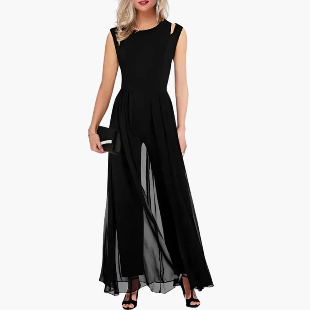 Abito lungo donna con scollo rotondo e spacco frontale