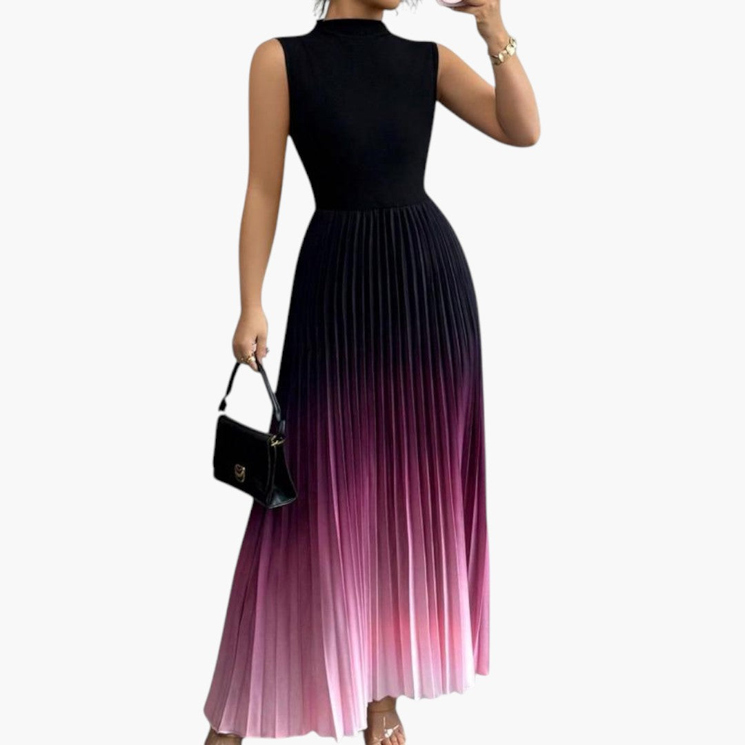 Women's sleeveless maxi dress with pleated skirt and defined waist