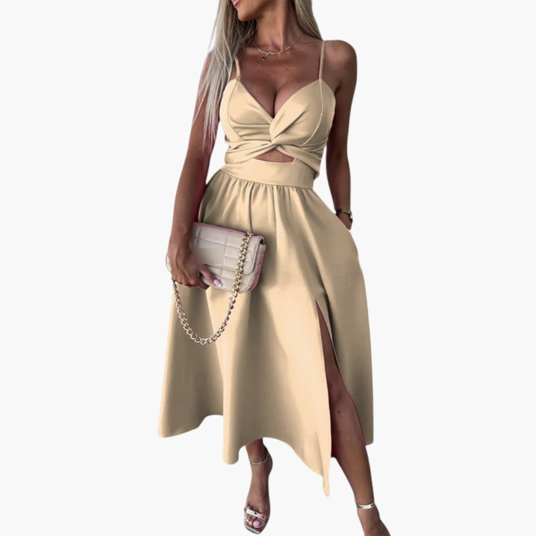 Abito midi donna con spalline e spacco frontale