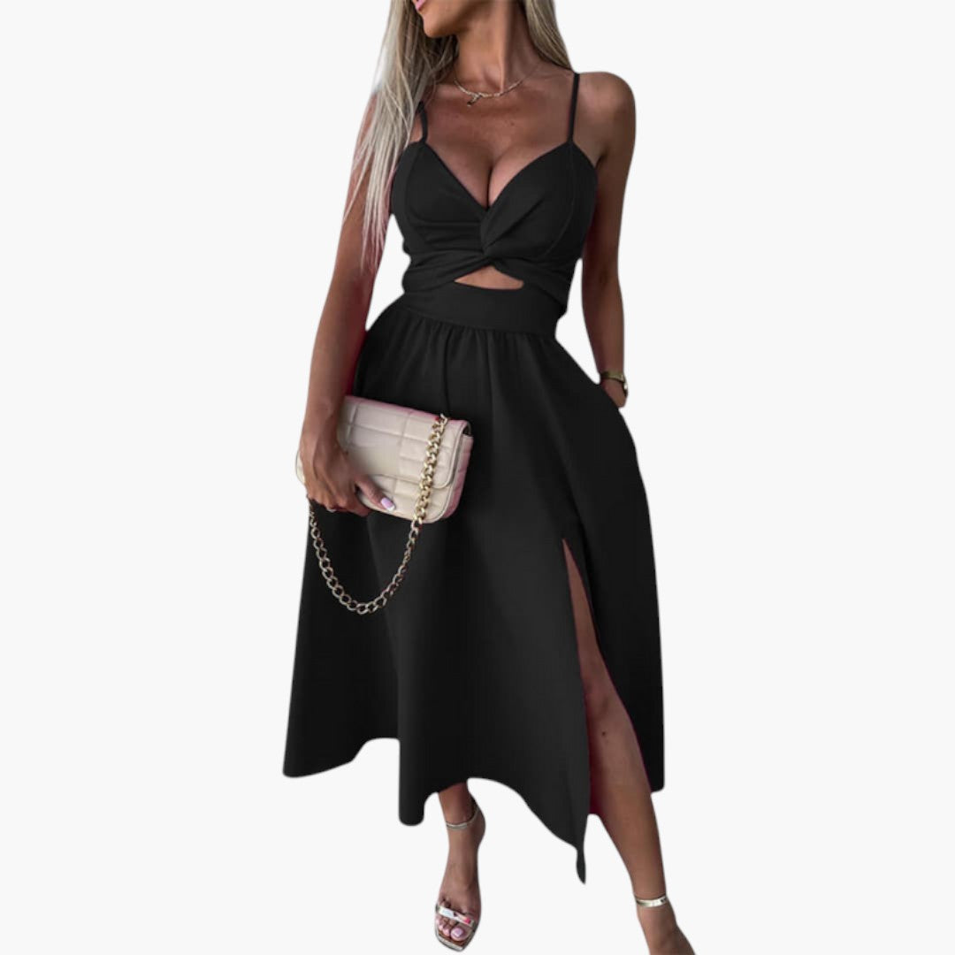 Abito midi donna con spalline e spacco frontale