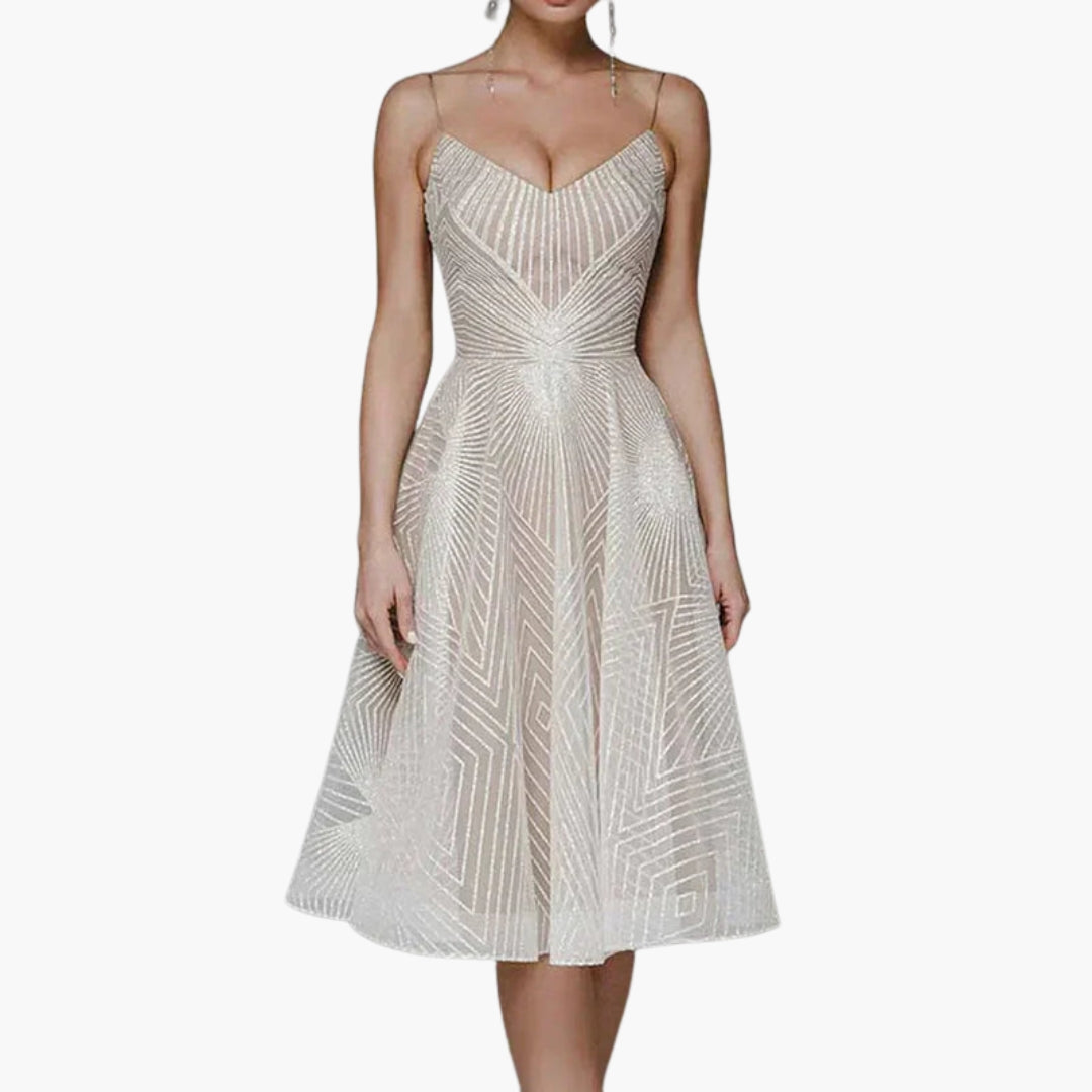 Abito midi donna con schiena scoperta e motivo geometrico