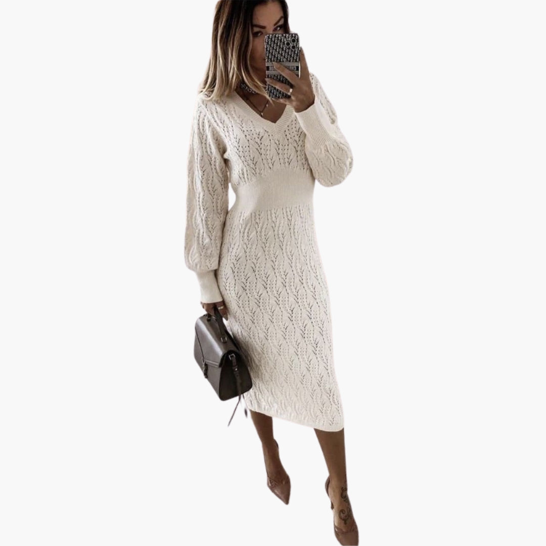 Abito midi donna con scollo a V e maniche lunghe