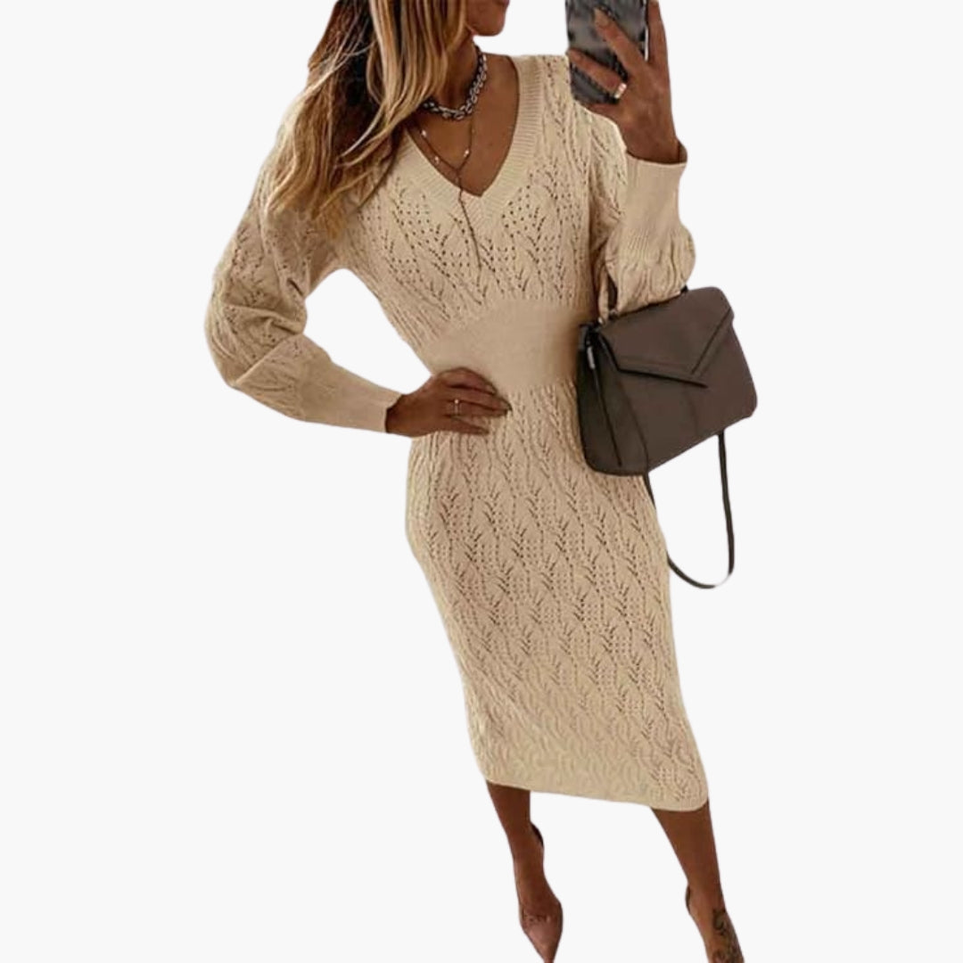 Abito midi donna con scollo a V e maniche lunghe