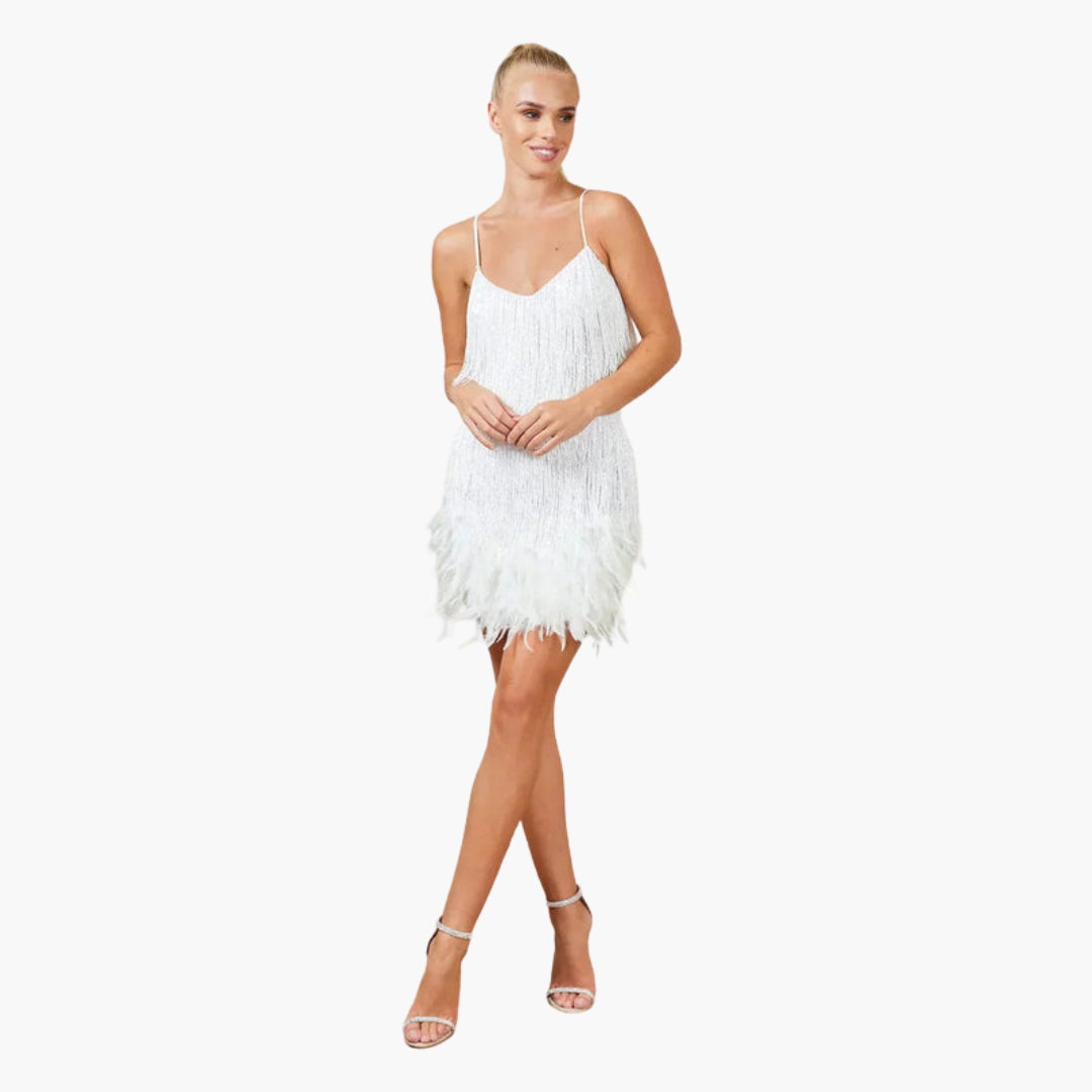 Vestido midi feminino com franjas e lantejoulas