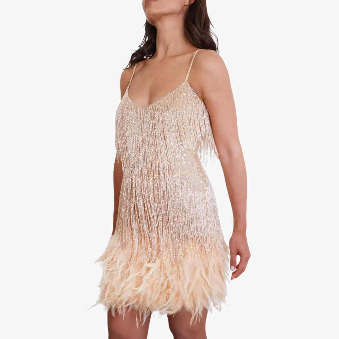 Vestido midi feminino com franjas e lantejoulas